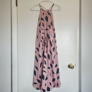 Loft Pink and Black Leaf Print Midi Dress